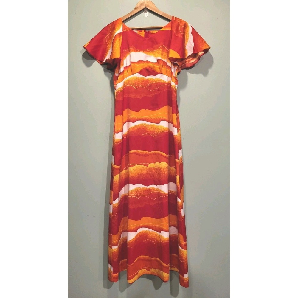 Vtg Hukilau Fashions Red Yellow Flutter Sleeve Lightweight Hawiian Maxi Dress 14